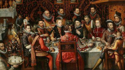 El rey Felipe II de España, en un banquete real con su familia y corte. En el cuadro, de Alfonso Sánchez Coello, también aparecen Alberto de Austria, Ana de Austria, Isabel de Portugal, Carlos I e Isabel de Valois.