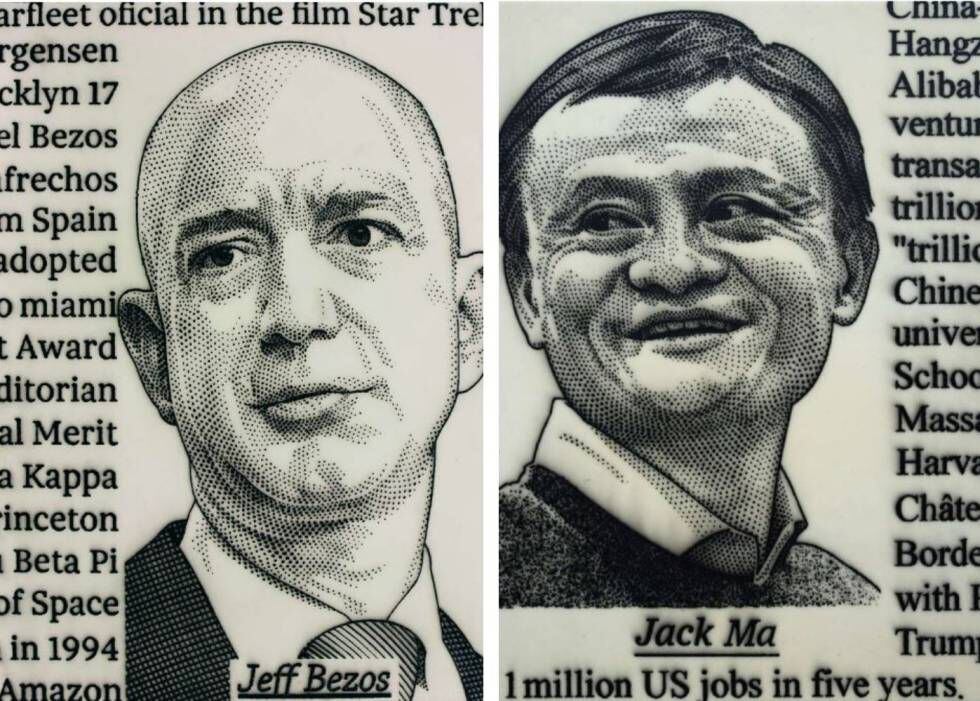 Dos obras de José María Cano que retratan a Jeff Bezos, de Amazon, y Jack Ma, de Alibaba.