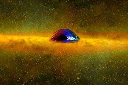 Representación del flujo de materia en torno a un agujero negro observado con el <i>XMM-Newton</i>.