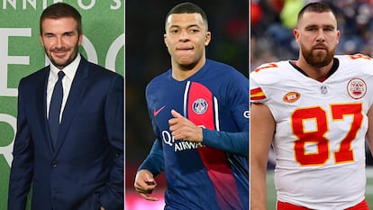 Desde la izquierda, David Beckham, Kylian Mbappé y Travis Kelce.