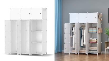 HOMIDEC Armario Modular de 16 Cubos, Guardarropa portátil con 3 Barra para  Colgar Ropa, Ropero Armario