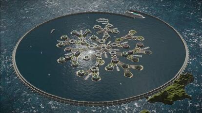 Recreación 3D del proyecto de islas del Seasteading Institute en la Polinesia Francesa.