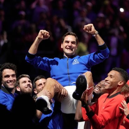 Team Europe's Roger Federer is lifted by fellow players after playing with Rafael Nadal in a Laver Cup doubles match against Team World's Jack Sock and Frances Tiafoe at the O2 arena in London, Friday, Sept. 23, 2022. Federer's losing doubles match with Nadal marked the end of an illustrious career that included 20 Grand Slam titles and a role as a statesman for tennis. (AP Photo/Kin Cheung)