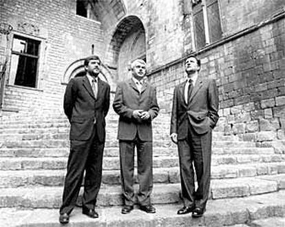 Francesc Antich, Pasqual Maragall y Marcelino Iglesias, en la plaza del Rei de Barcelona.