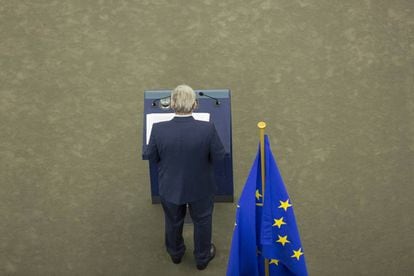 El presidente de la Comisi&oacute;n Europea, Jean-Claude Juncker, durante el discurso del estado de la Uni&oacute;n en Estrasburgo.