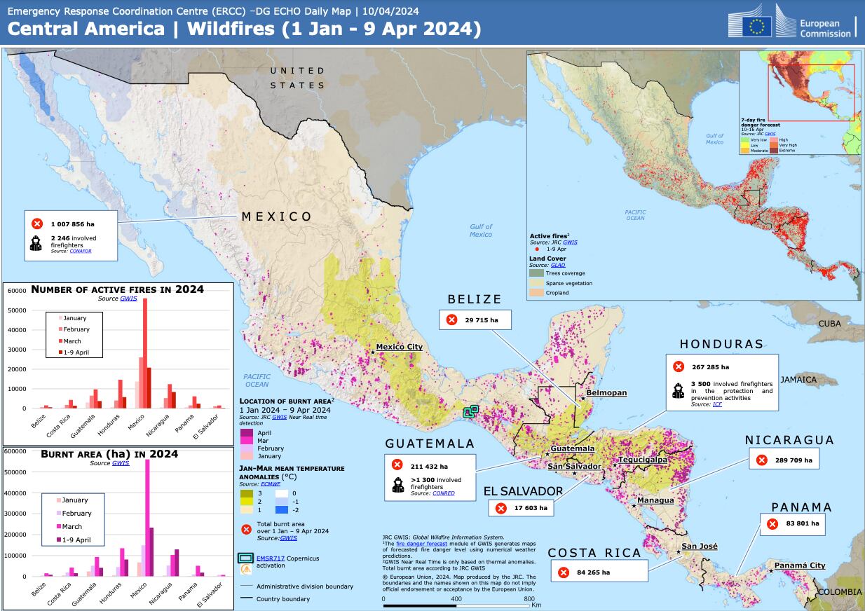 Mapa de los incendios forestales presentados en Centroamérica y México. 