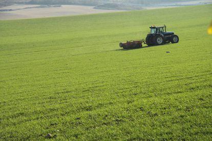 Un agricultor trabaja con su tractor en Torrelaguna (Madrid)