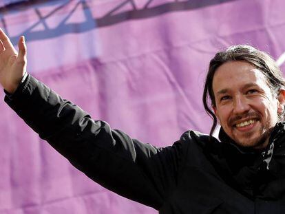 Pablo Iglesias en el cierre de campaña de la candidatura de Luis Alegre para la Comunidad de Madrid, en febrero de 2015.