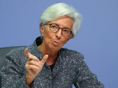 Christine Lagarde, durante la rueda de prensa de ayer. 