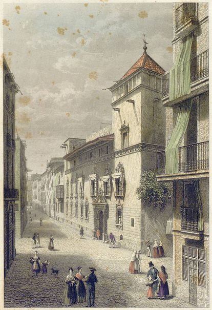 La desapareguda casa Gralla, en un aiguafort de 1842 d'Antoni Roca.