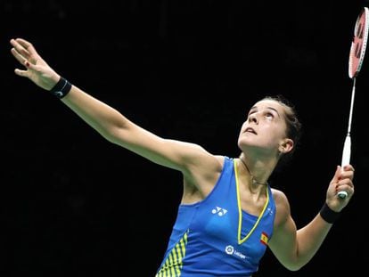 Carolina Marín, durante un partido de bádminton.