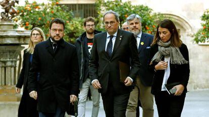 Quim Torra, Pere Aragonès y Meritxell Budo, este miércoles en el Palau de la Generalitat.