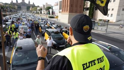La asociación Élite Taxi, durante la última protesta del sector en Barcelona.