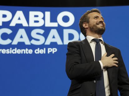 El presidente saliente del PP, Pablo Casado, durante el XX Congreso Nacional del partido en Sevilla este viernes.