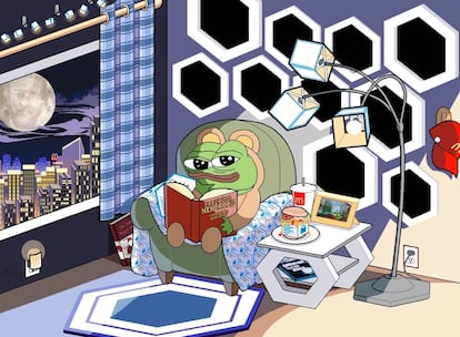 Meme en el que Pepe The Frog descansa en su apartamento de lujo desde que $LINK le hizo millonario. El logo de la 'token' se ve en en todo el mobiliario.