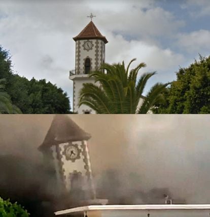 La iglesia de Todoque, en una imagen de Google Maps antes de la erupción del volcán y mientras caía derribada por la lava.
