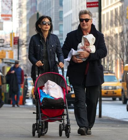 EXCLUSIVE: Alec Baldwin and Hilaria Baldwin with daughter Carmen in New York.