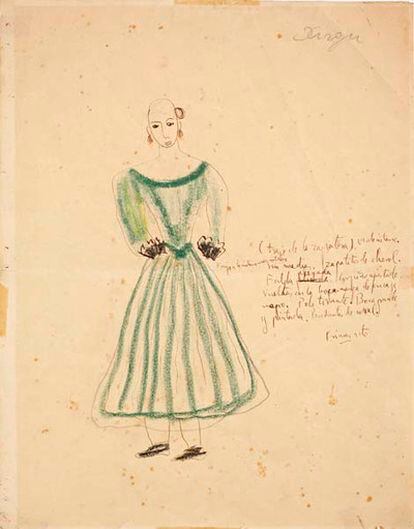 Los dibujos de Federico García Lorca para "La Zapatera Prodigiosa" (1930), a subasta. Inscripción del autor: "(Traje de la zapatera) verde intenso. Franjas a la cintura más intensa. Sin medias. Zapatitos de charol. Falda plegada. Corpiño ajustado. Vueltas en la bocamanga de encaje negro. Pelo tirante. Boca grande y pintada. Pendientes de coral. Primer acto".