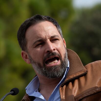 TARRAGONA, 06/02/2021.- El líder de Vox, Santiago Abascal, durante su intervención en un acto de campaña del partido celebrado este sábado en Tarragona junto al cabeza de lista del partido en las elecciones catalanas del 14F, Ignacio Garriga. EFE/Enric Fontcuberta