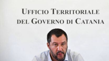 Matteo Salvini, el pasado 9 de julio, tras el cierre del mayor centro de acogida de migrantes y solicitantes de asilo en Europa, en Mineo, Sicilia.