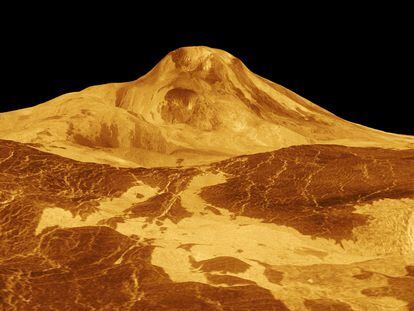 Una imagen tridimensional del Maat Mons, el volcán más alto de Venus.