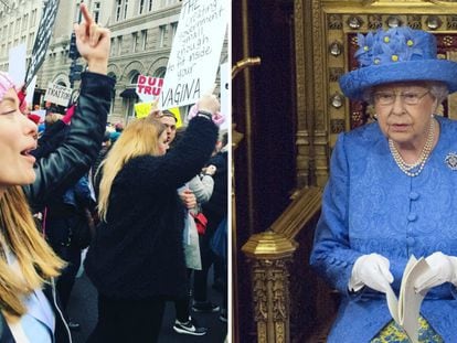 La actriz Olivia Wilde en la marcha de las mujeres de Washington de enero y, a la derecha, Isabel II en el discurso de la reina en la apertura del Parlamento brit&aacute;nico el pasado 21 de junio.