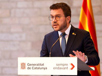 El presidente catalán, Pere Aragonès, durante su comparecencia de este miércoles en la que ha anunciado el adelanto de las elecciones al 12 de mayo.