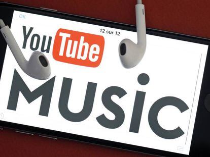 El logo de YouTube Music en la pantalla de un m&oacute;vil. 