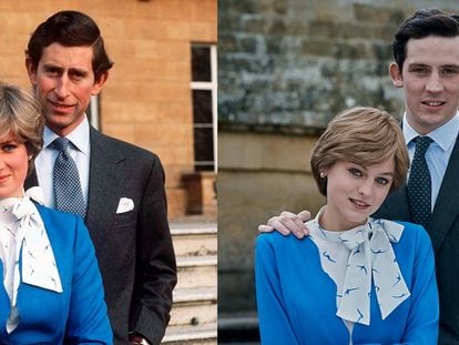 A la izquierda, el príncipe Carlos y Diana Spencer. A la derecha, los actores que los interpretan en la serie 'The Crown'.