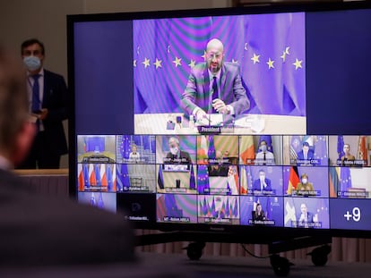 El presidente del Consejo Europeo, Charles Michel, en la videoconferencia que se celebró este jueves sobre la covid-19 en Bruselas.