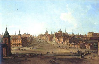 Vista desde la Puerta de Alcalá hacia Sol, del Paseo del Prado y Calle Alcalá en la que se ve el antiguo arroyo del Prado (Antonio Joli, 1750).