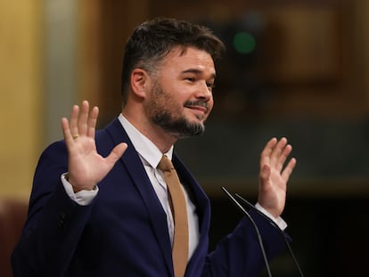 MADRID, 21/03/2023.- El diputado de ERC Gabriel Rufián interviene durante el debate de la moción de censura de VOX contra el presidente del Gobierno, Pedro Sánchez, con Tamames como candidato a la Presidencia, este martes en el Congreso de los Diputados. EFE/ Kiko Huesca
