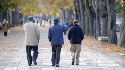 Tres anciamos caminan por el Paseo de la Senda, en Vitoria