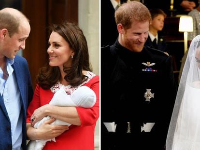 Guillermo y Kate de Cambridge posan con su hijo Luis a la salida del hospital, el 23 de abril; derecha, la boda de Enrique y Meghan de Sussex en Windsor, el 19 de mayo.