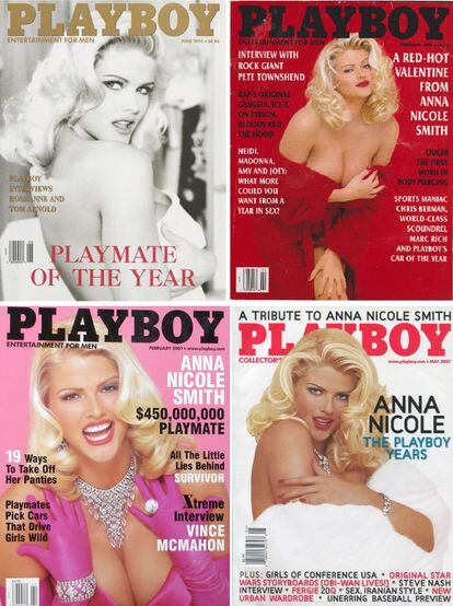 Anna Nicole Smith ha sido una de las más famosas conejitas. Fue portada en arriba, en 1993 y, a la derecha, en 1994, abajo, en 2001 y, a la derecha, en 2007. Su salto a la fama fue gracias a su matrimonio con el magnate del petróleo J. Howard Marshall II. Apareció muerta en 2007 dejando a su hija una fortuna de 1.600 millones de dólares.