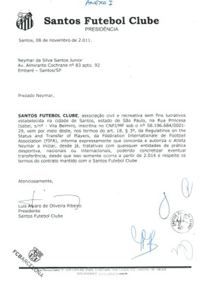 Carta en la que el Santos autoriza a Neymar a negociar su salida. Lleva el sello del Barcelona.