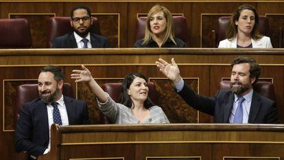 En la parte inferior de la foto, Santiago Abascal, Macarena Olona e Iván Espinosa de los Monteros, durante un pleno del Congreso.