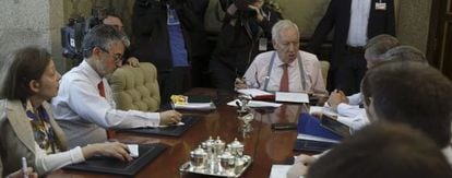 El ministro de Asuntos Extriores, Jos&eacute; Manuel Garc&iacute;a Margallo, durante la videoconferencia.