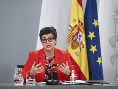 La ministra de Asuntos Exteriores, UE y Cooperación, Arancha González Laya, en la rueda de prensa posterior al Consejo de Ministros de este martes.