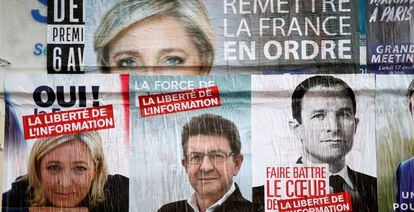 Carteles electorales de Le Pen (arriba y a la izquierda), M&eacute;lenchon (abajo en el centro) y Beno&icirc;t Hamon, el candidato socialista.