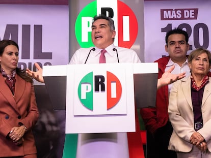 Alejandro Moreno Cárdenas, dirigente nacional del PRI, durante una conferencia de prensa con otros líderes del partido, este 28 de junio.