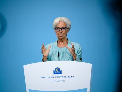 La presidenta del BCE, Christine Lagarde, durante una conferencia en Fráncfort.