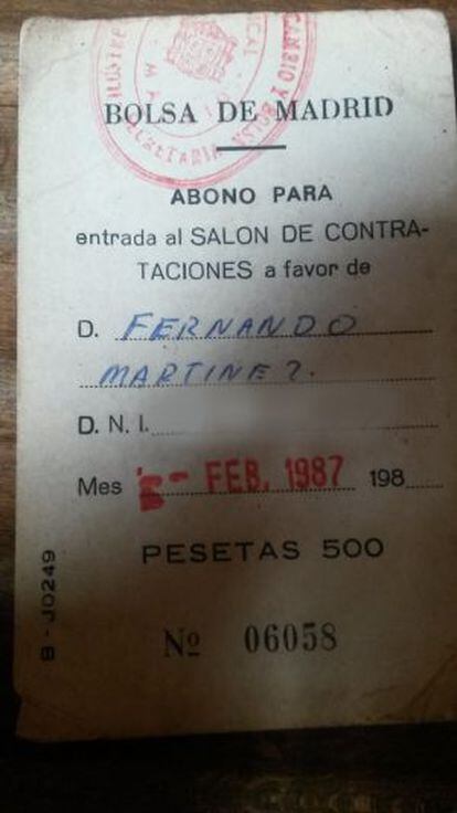 Carné de la la Bolsa de 1985, cuando entrar costaba 500 pesetas mensuales