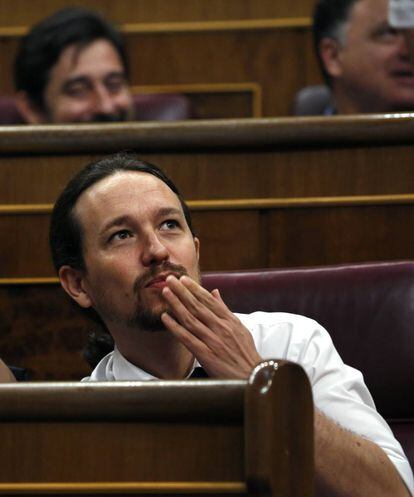 El l&iacute;der de Podemos, Pablo Iglesias, durante la segunda sesi&oacute;n del debate de la moci&oacute;n de censura.