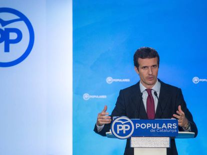 El presidente del Partido Popular, Pablo Casado, durante una rueda de prensa tras el Comité Ejecutivo Nacional.