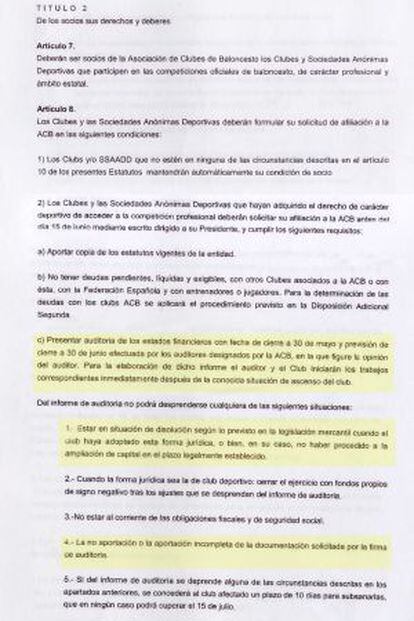 Estatutos de la ACB con las condiciones del informe de auditoria para acceder a la inscripción en la competición