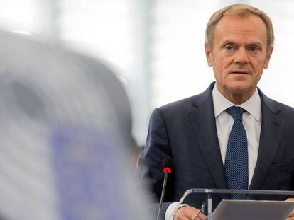 Donald Tusk, presidente del Consejo Europeo, en el Parlamento Europeo, en Estrasburgo.