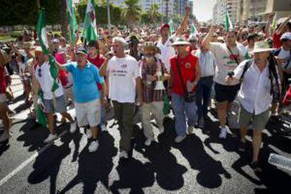 El diputado autonómico de IU y alcalde de Marinaleda (Sevilla), Juan Manuel Sánchez Gordillo (c), junto al portavoz del Sindicato Andaluz de Trabajadores (SAT), Diego Cañamero (3i), durante la tercera etapa de la marcha obrera "Andalucía en pie" en Cádiz, hoy.