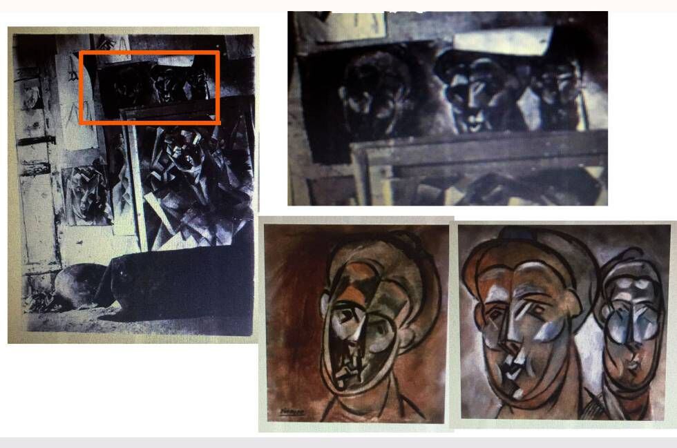 Las dos obras de Picasso y la fotografía de 1909 de su estudio donde se puede ver que eran una sola.