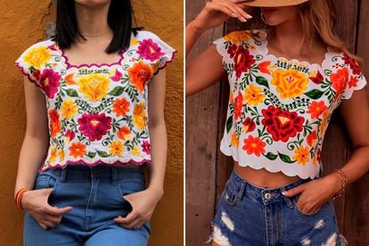 A la izquierda, el huipil con motivos mayas confeccionado en 2017. A la derecha, la blusa de la marca Shein.
